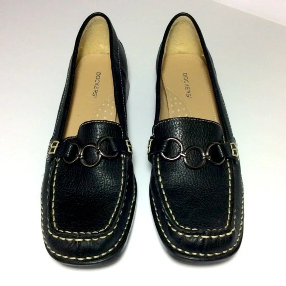 Dockers CEDRAK Black Leather Loafers Gunmetal Circle Bit White Topstitching - Picture 2 of 6